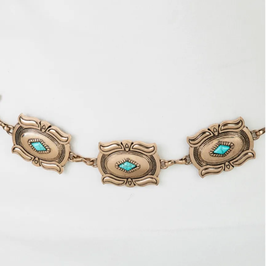 Western Chic Rectangle Concho Turquoise Chain Belt