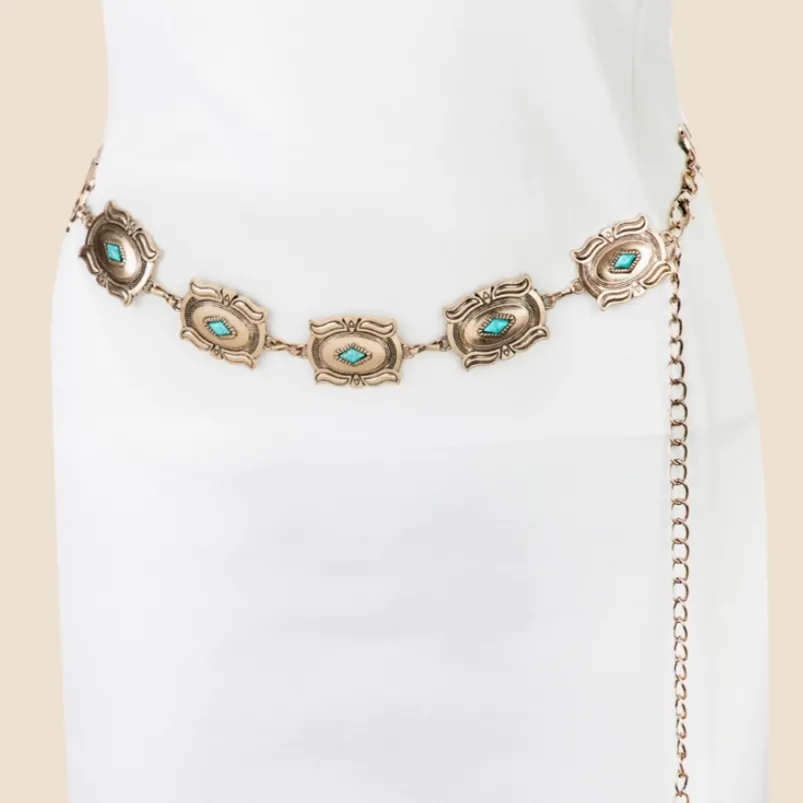 Western Chic Rectangle Concho Turquoise Chain Belt