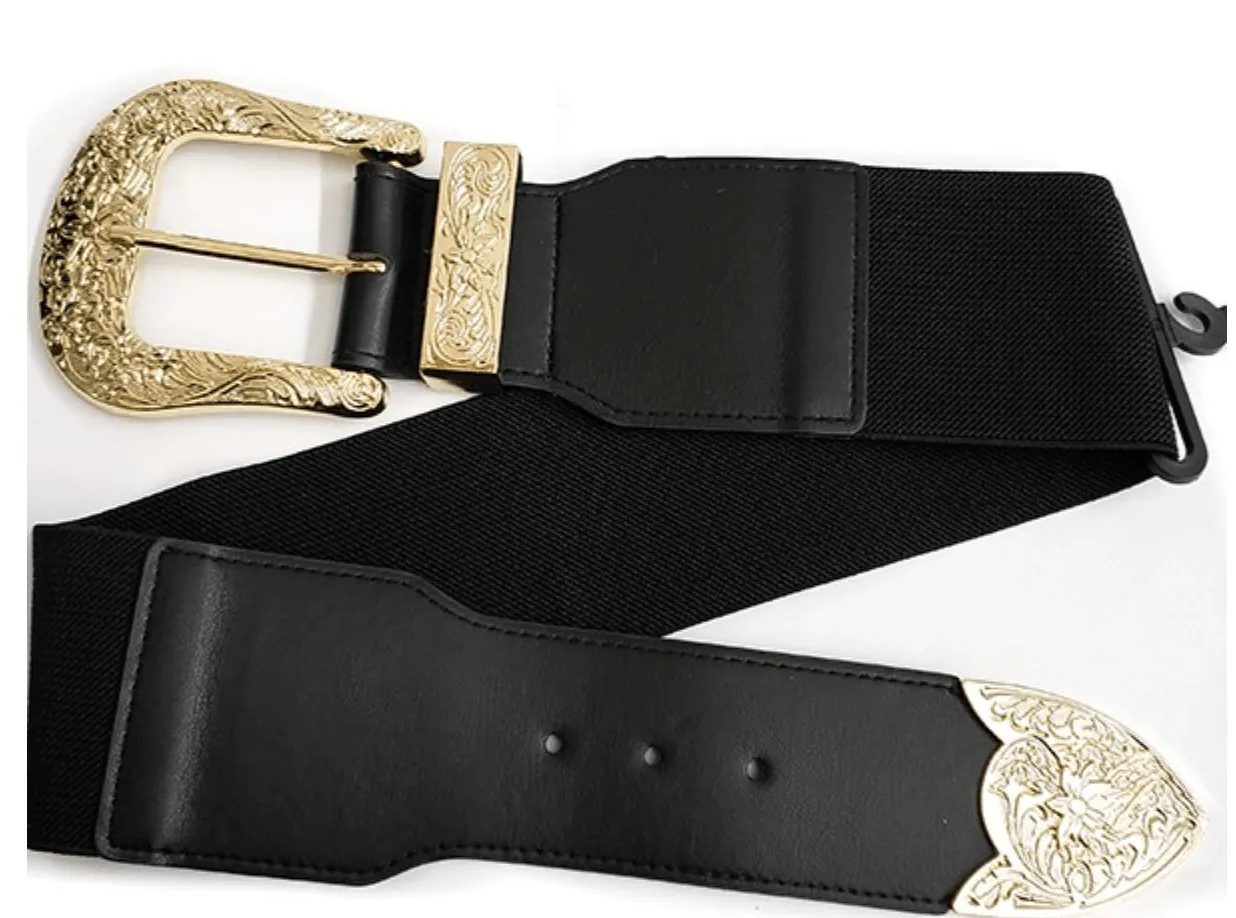 Western Wide Elastic Belt with silver buckle and 75000