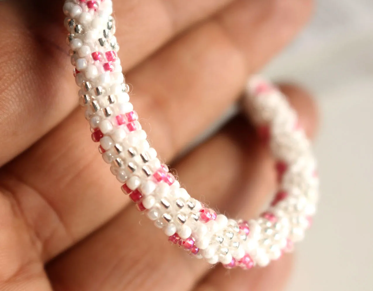 White Silver and Pink Crocheted Beads Roll On Bracelet