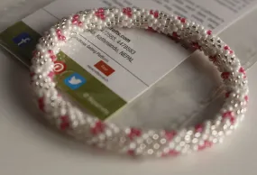 White Silver and Pink Crocheted Beads Roll On Bracelet