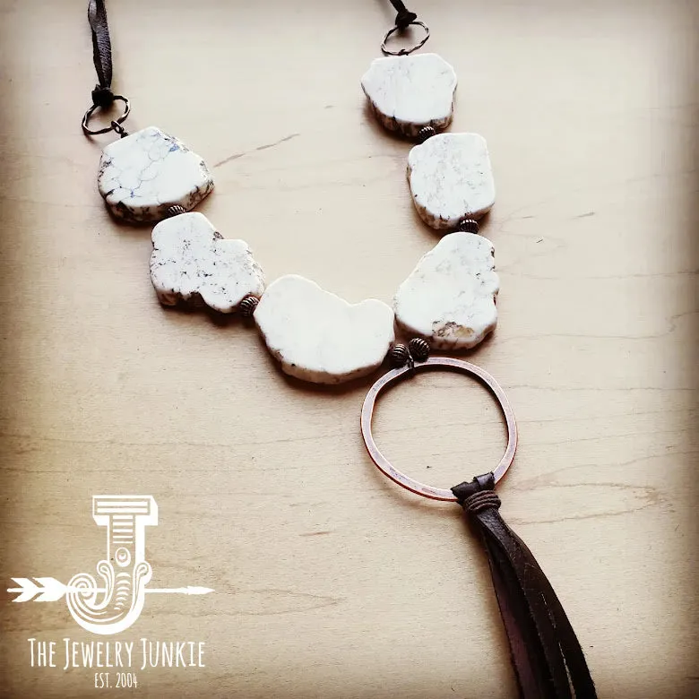 White Turquoise Chunky Necklace with Long Leather Tassel 225K