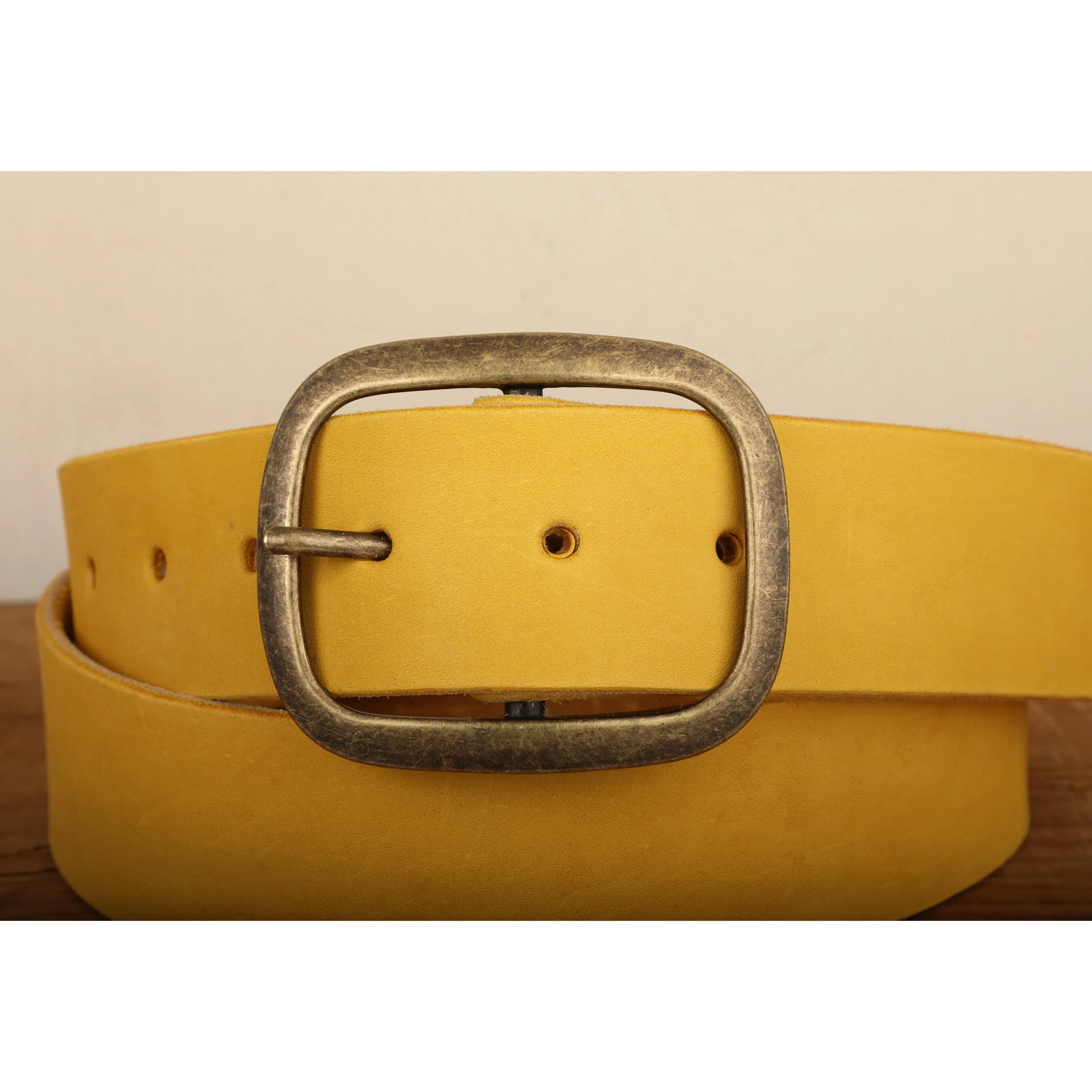 Yellow Leather Belt Snap Closure - Handmade in USA - Unisex Wide Antique Gold Tone Brass Buckle