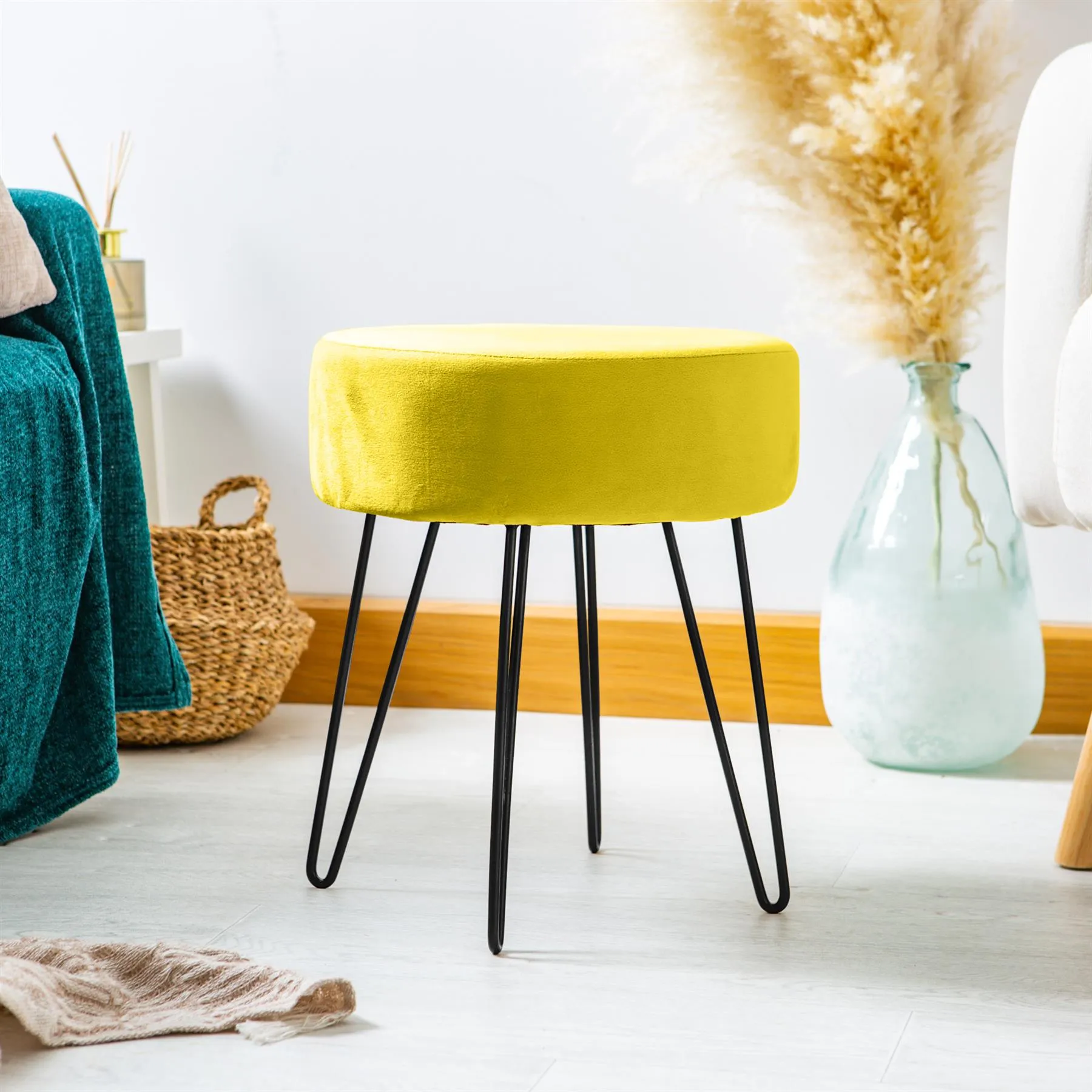 Yellow Round Velvet Footstool - By Harbour Housewares